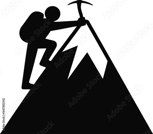 Inspiring mountain climber silhouette conquering peak with ice axe, adventure and challenge concept art
