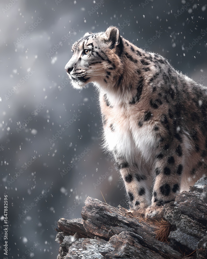 Fototapeta premium A telephoto wildlife shot of a snow leopard on a rocky cliff in snowfall.