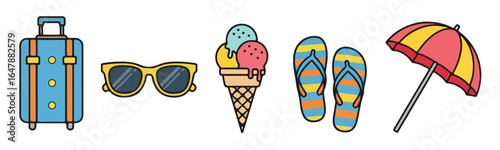 A collection of summer themed icons including a suitcase, sunglasses, ice cream, flip flops and umbrella