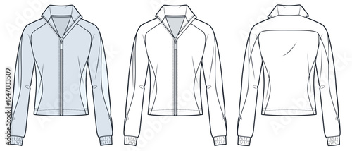 Zip-up Track Jacket technical fashion illustration. Raglan Sleeve Sporty Jacket fashion flat technical drawing template, high collar, front and back view, white, blue, women, men, unisex CAD mockup.
