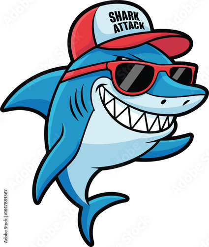 A cool and friendly cartoon shark mascot character, wearing a baseball cap and sunglasses, smiling with a big toothy grin, a fun vector illustration for kids and ocean themes.