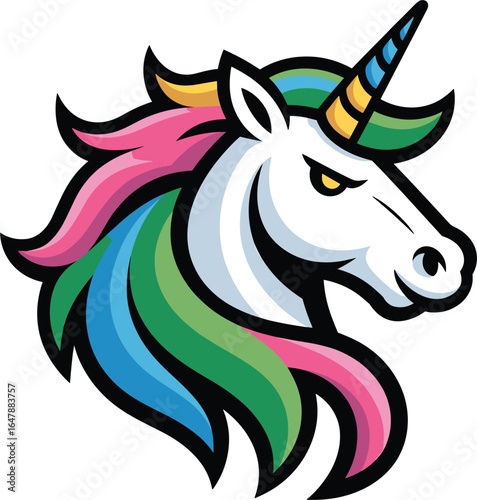 A powerful and aggressive cartoon unicorn mascot head, featuring a vibrant, multi-colored mane and a striped horn, a dynamic vector illustration for a sports logo, emblem, or team graphic.