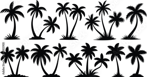 Silhouette palm tree vector set, tropical island elements, black coconut trees, exotic nature icons, beach decoration design, summer clipart pack