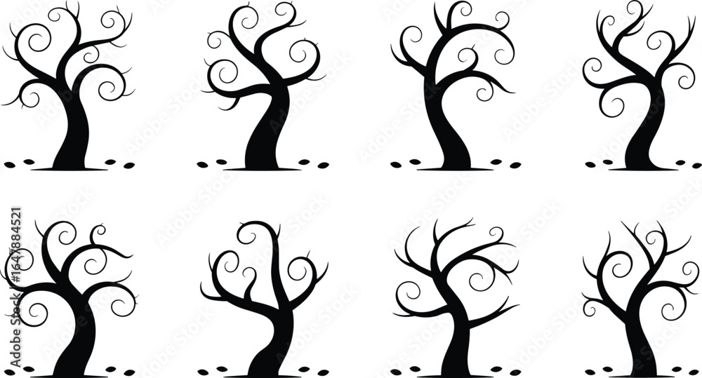 Spooky tree silhouettes with curly branches in Halloween style, creepy forest vector icons, scary nature illustrations for eerie designs