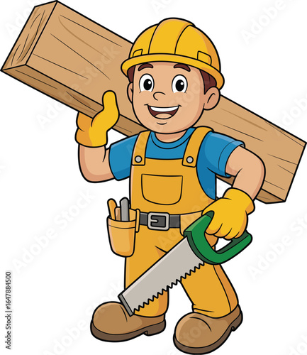 Happy cartoon carpenter mascot holding a wooden plank and a hand saw, a cheerful handyman giving a thumbs-up, vector illustration.