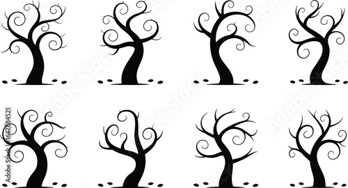 Spooky tree silhouettes with curly branches in Halloween style, creepy forest vector icons, scary nature illustrations for eerie designs