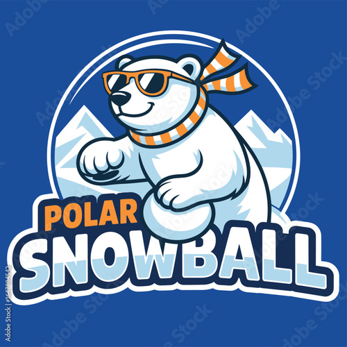 A cool and friendly cartoon polar bear mascot, wearing sunglasses and a scarf, smiling in front of snowy mountains, a fun vector illustration for winter themes.