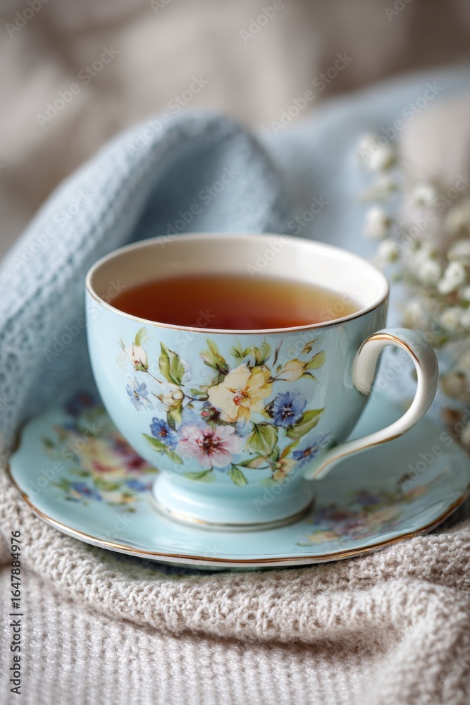 Floral teacup resting on cozy blanket enjoying a peaceful moment Floral teacup resting on cozy blanket enjoying a peaceful moment