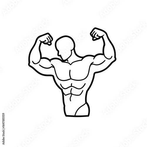 Minimalist Line Drawing of Muscular Human Figure Flexing Arms with Defined Chest and Abdominal Muscles in Black and White Outline Style