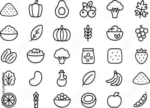Collection of hand drawn healthy food icons representing fruits vegetables grains and legumes in a clean simple doodle style