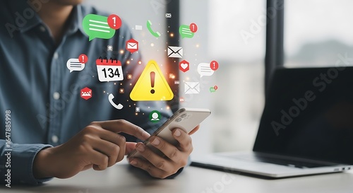 Person overwhelmed by numerous notifications and alerts on their smartphone