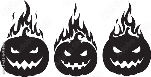 Three spooky jack o lanterns with flames silhouette