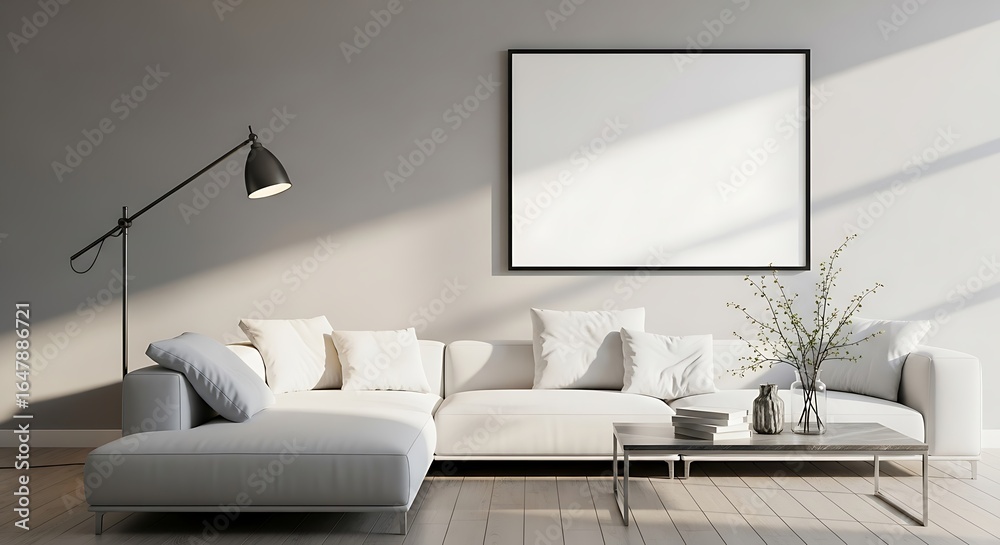 Fototapeta premium Modern living room with a large sectional sofa and floor lamp