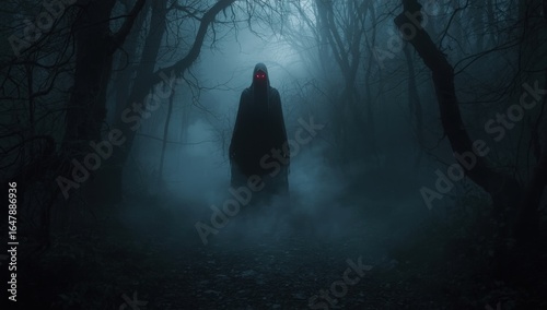 Ominous figure with glowing red eyes standing in a misty dark forest at night time atmosphere
