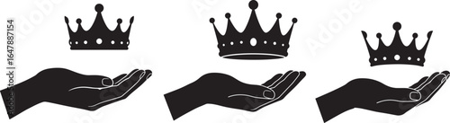 Three crown silhouettes and three hand silhouettes