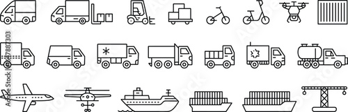 Transport and logistics line icons with delivery trucks, cargo ships, forklifts, drones, containers, and transportation vehicles in vector format