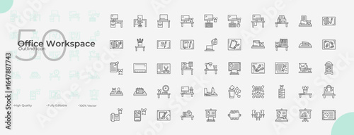 Office Workspace Line Editable Icons set. Vector illustration in modern thin line style of Office Workspace icons: workspace, desk, computer, etc