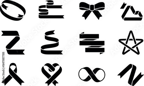 Collection of Black Ribbon and Bow Icons: Elegant, Simple, Vector Graphics