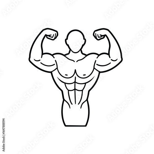 Black and White Line Drawing of Muscular Human Torso Flexing Arms with Defined Biceps, Chest, and Abs