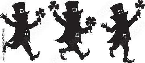 Three dancing leprechauns holding shamrocks silhouette