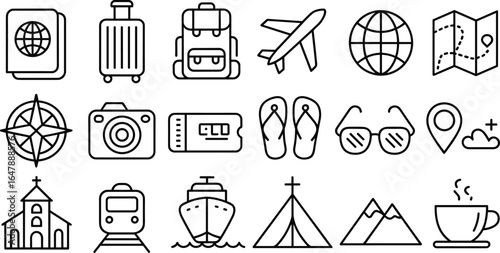 Travel icon set vector, vacation journey outline symbols, tourism and holiday elements, passport plane train map camera