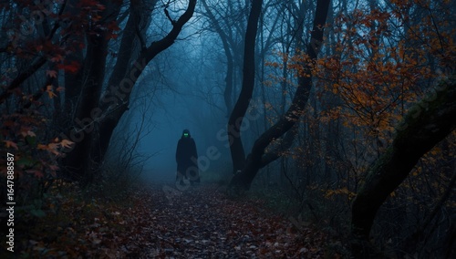 A cloaked figure with glowing green eyes stands in a foggy forest path surrounded by bare trees