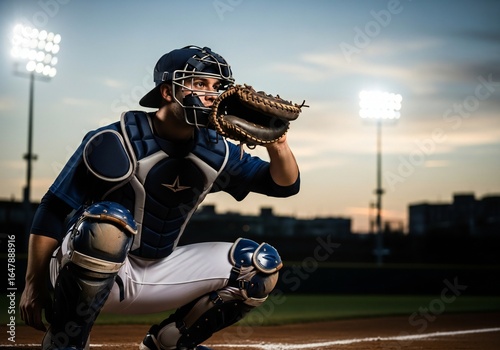 Baseball catcher wearing protective gear squats on the field with stadium lights in background during twilight