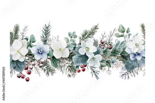 Wallpaper Mural Winter Watercolor Floral Border with Snowberries and Pines Torontodigital.ca