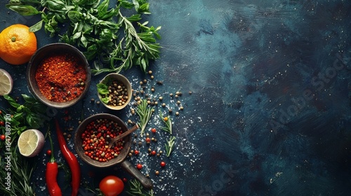 Assorted cooking spices and herbs scattered over blue background for culinary and gourmet inspiration