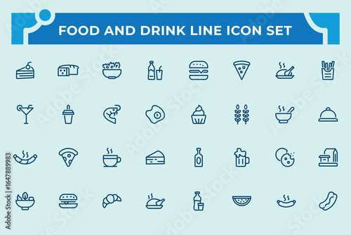 Food and Drinks minimal Line Icons set.Modern design bundle.Containing menu, burger, pizza, soup, fast food, french fries, drink, fast food restaurant, milk, restaurant and more.Vector illustration.