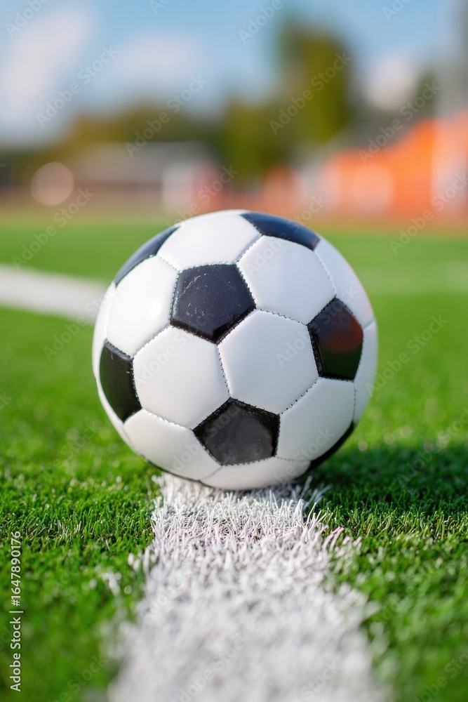 Obraz premium Soccer ball resting on the center line of a soccer field