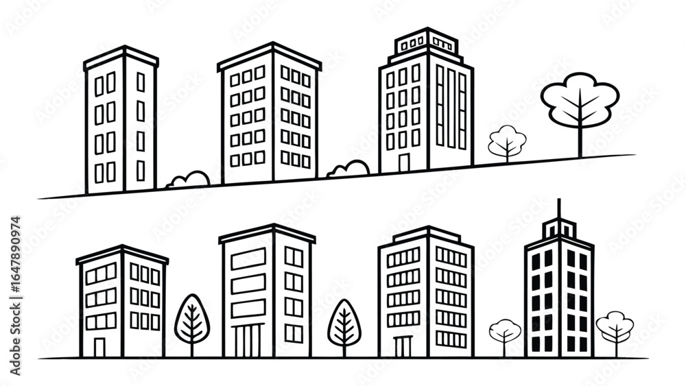 Black and white line art collection of various building styles and trees architecture city Black and white line art collection of various building styles and trees architecture city