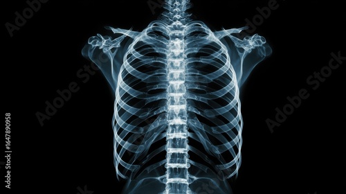 High-quality photo of x-ray of a human ribcage and spine, highlighting bone structure and alignment.