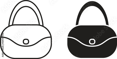 A simple handbag icon with both outline and solid versions, featuring a rounded body, a flap closure with a circular detail, and a curved handle. Suitable for fashion, accessories, and retail-themed d