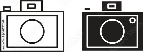 A versatile camera icon featuring a clean, minimalist design with outline and solid variations. Ideal for digital media, apps, and photography-related content.