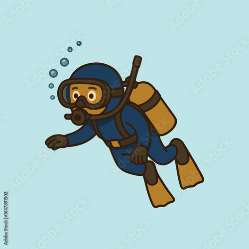Cute cartoon scuba diver exploring the underwater world.