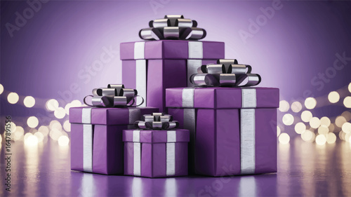 Four purple gift boxes with silver ribbons and bokeh lights vector