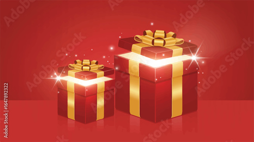 Glowing red and gold gift boxes with sparkling light present