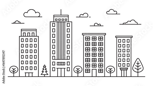 Black and white line art illustration of a city skyline with buildings trees and clouds architecture