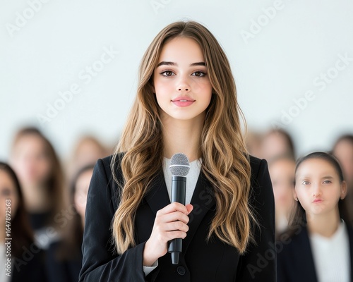 A young woman in a black blazer holds a microphone in front of a blurred crowd. Her expression is calm and she is well-groomed. Bright background