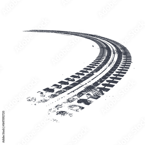 Curving tire tracks on a white background