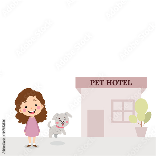 Girl with pet came to hotel for animals, flat style, minimalism, isolated on white, pastel colors