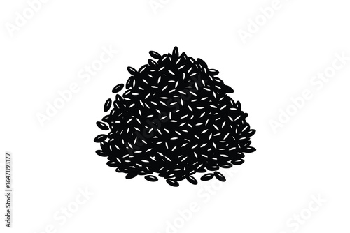 A large pile of black rice grains on a white background silhouette