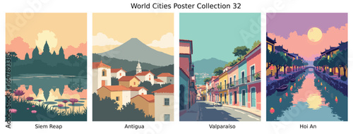 Siem Reap , Antigua , Valparaíso , Hoi An  ci Flat Vector Poster Collection