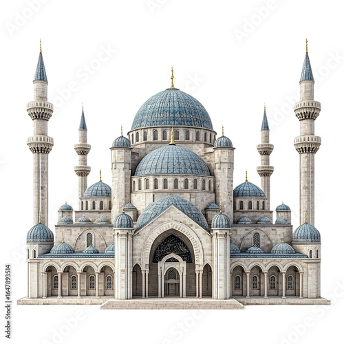 3D front view illustration of a Bursa Grand Mosque Turkey monument isolated on a white transparent background