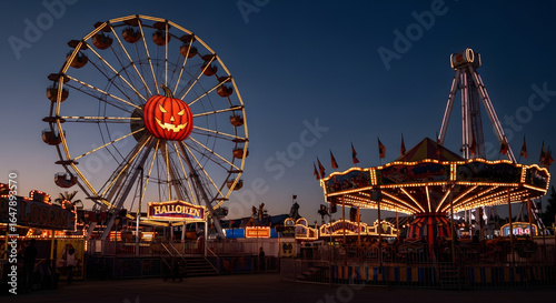 A halloween carnival illuminated at dusk with a pumpkin ferris wheel and a carousel ride in the evening