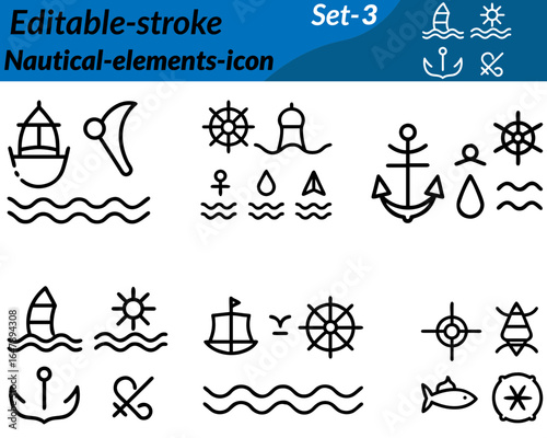 Nautical-elements icon featuring anchors, ship wheels, compasses, ropes, lighthouses, sails, waves, and navigation maps, symbolizing sailing, sea travel, and marine adventures. Ideal for maritime.