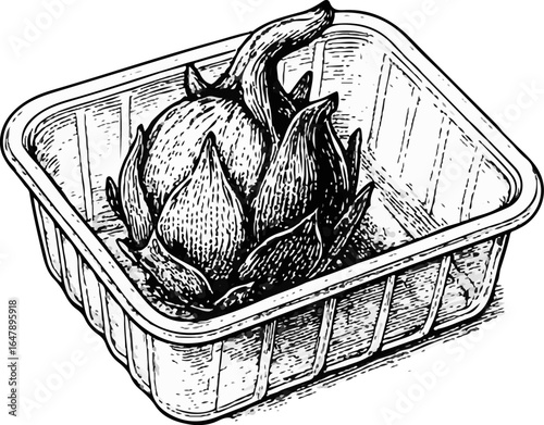 Hand-Drawn Black and White Dragon Fruit Illustration in Clamshell Packaging
