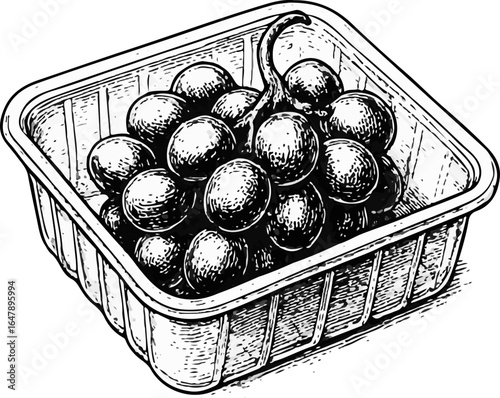 Hand-Drawn Black and White Grape Illustration in Clamshell Packaging