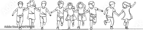 continuous single line drawing of group of children joyfully running around together, line art vector illustration